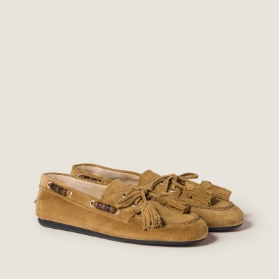 Miu Miu Suede Deck Shoes With Tassels Olive Green MM261082 Miu Miu Suede Deck Shoes With Tassels Olive Green MM261082