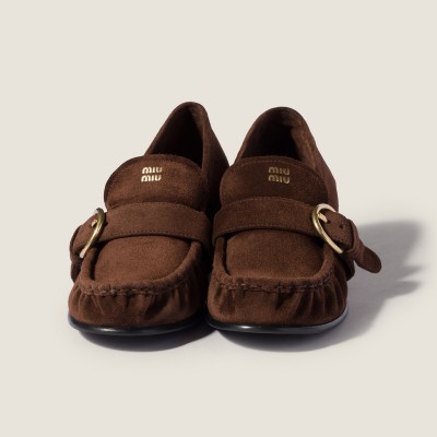 Miu Miu Suede Loafers With Buckle Dark Brown MM261100
