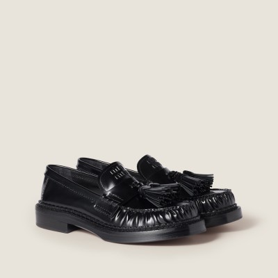 Miu Miu Tassel Loafers In Polished Leather Black MM261105 Miu Miu Tassel Loafers In Polished Leather Black MM261105