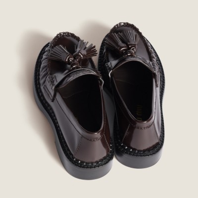 Miu Miu Tassel Loafers In Polished Leather Dark Brown MM261106
