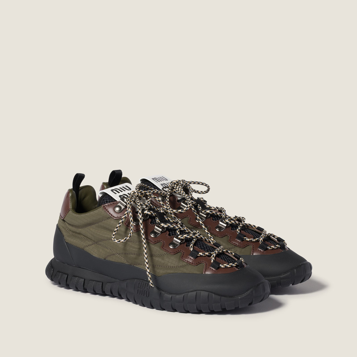 Miu Miu Tyre Technical Fabric And Leather Sneakers Forest Green MM261356 Miu Miu Tyre Technical Fabric And Leather Sneakers Forest Green MM261356