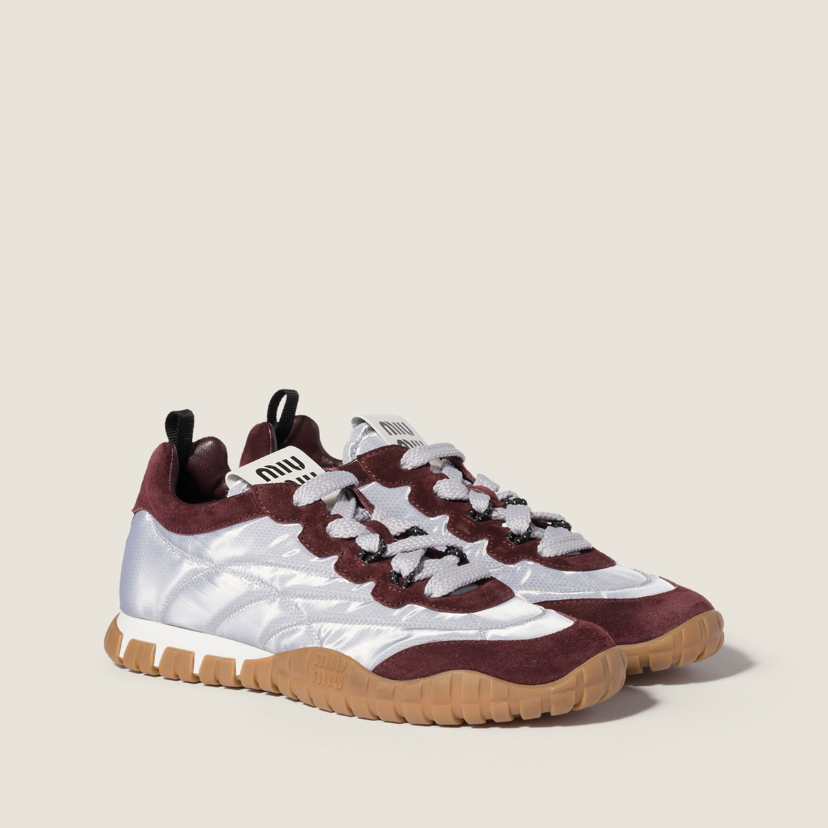 Miu Miu Tyre Technical Fabric And Suede Sneakers Aluminum Bordeaux MM261270 Miu Miu Tyre Technical Fabric And Suede Sneakers Aluminum Bordeaux MM261270