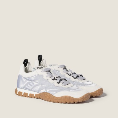 Miu Miu Tyre Technical Fabric And Suede Sneakers Aluminum White MM261271 Miu Miu Tyre Technical Fabric And Suede Sneakers Aluminum White MM261271