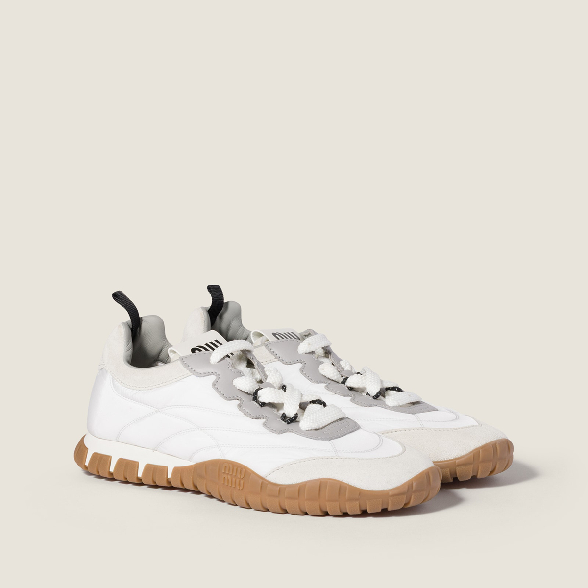 Miu Miu Tyre Technical Fabric And Suede Sneakers White Granite Gray MM261268 Miu Miu Tyre Technical Fabric And Suede Sneakers White Granite Gray MM261268
