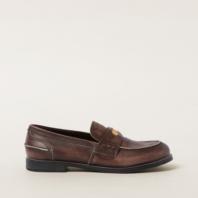 Miu Miu Vintage-Effect Leather Penny Loafers Ebony MM261101 Miu Miu Vintage-Effect Leather Penny Loafers Ebony MM261101