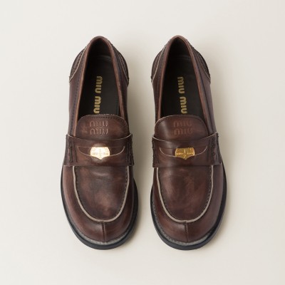 Miu Miu Vintage-Effect Leather Penny Loafers Ebony MM261101 Miu Miu Vintage-Effect Leather Penny Loafers Ebony MM261101