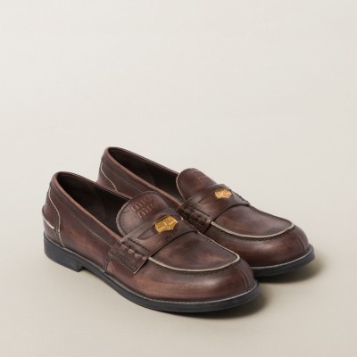 Miu Miu Vintage-Effect Leather Penny Loafers Ebony MM261101 Miu Miu Vintage-Effect Leather Penny Loafers Ebony MM261101