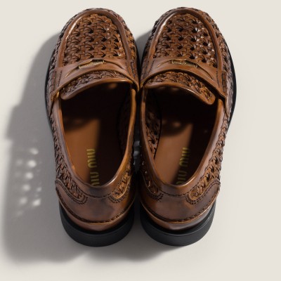 Miu Miu Woven Leather Loafers Cognac MM261110 Miu Miu Woven Leather Loafers Cognac MM261110