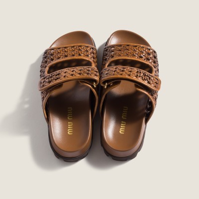Miu Miu Woven Leather Sandals Cognac MM261202 Miu Miu Woven Leather Sandals Cognac MM261202