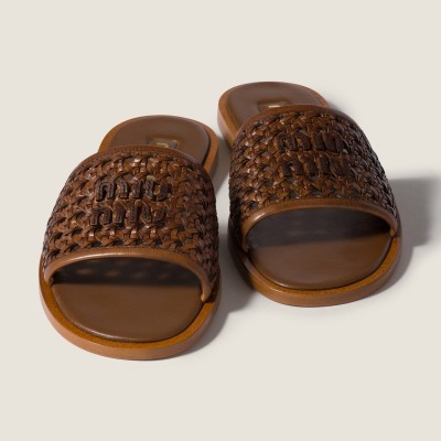 Miu Miu Woven Leather Slides Cognac MM261218 Miu Miu Woven Leather Slides Cognac MM261218