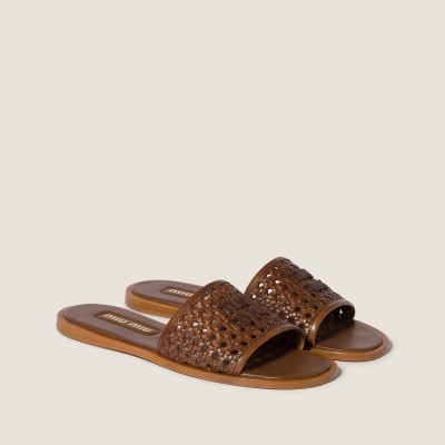 Miu Miu Woven Leather Slides Cognac MM261218 Miu Miu Woven Leather Slides Cognac MM261218